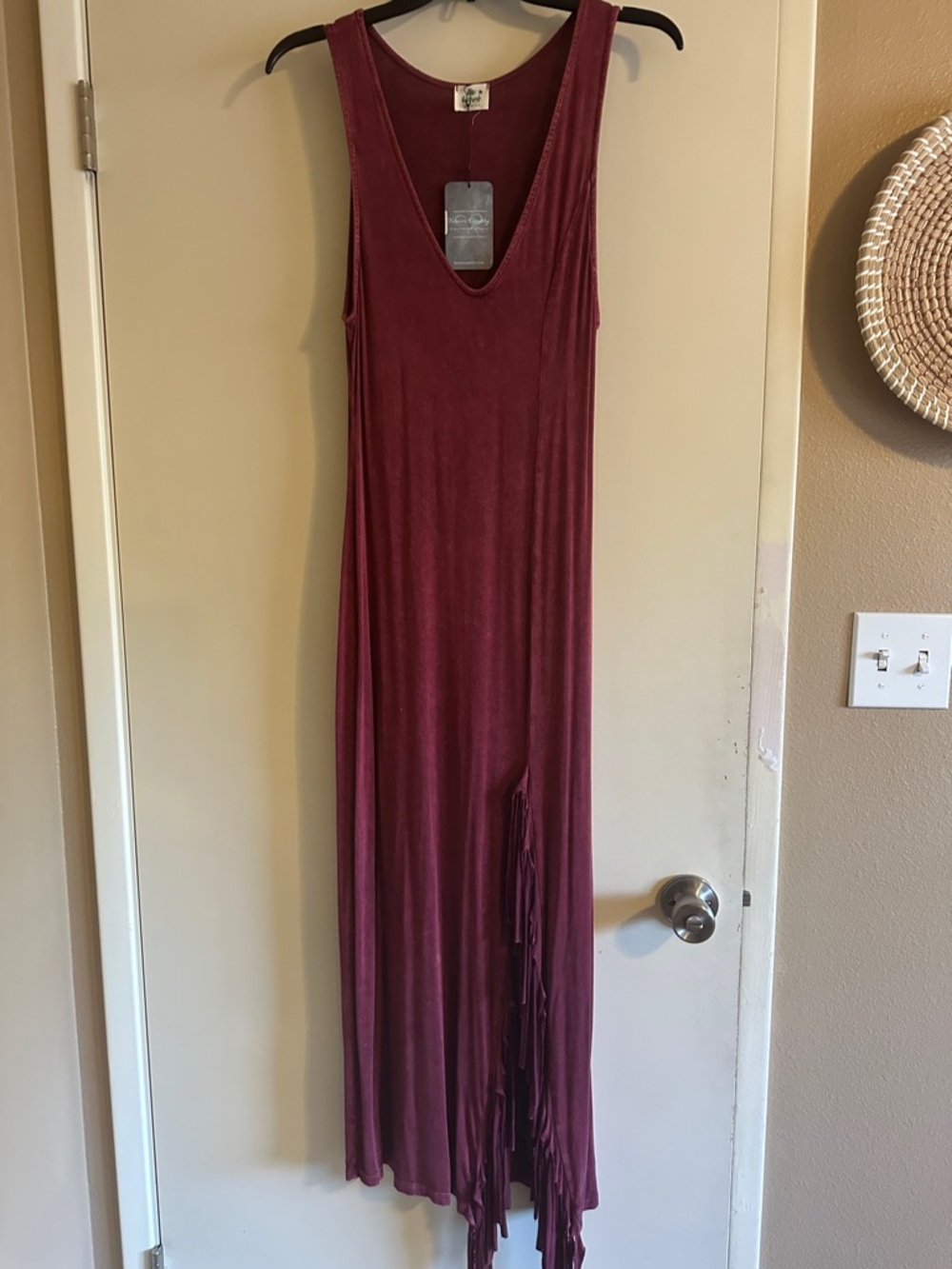 (SOLD) 
Sleeveless Burgundy Fringe Maxi Dress - Women